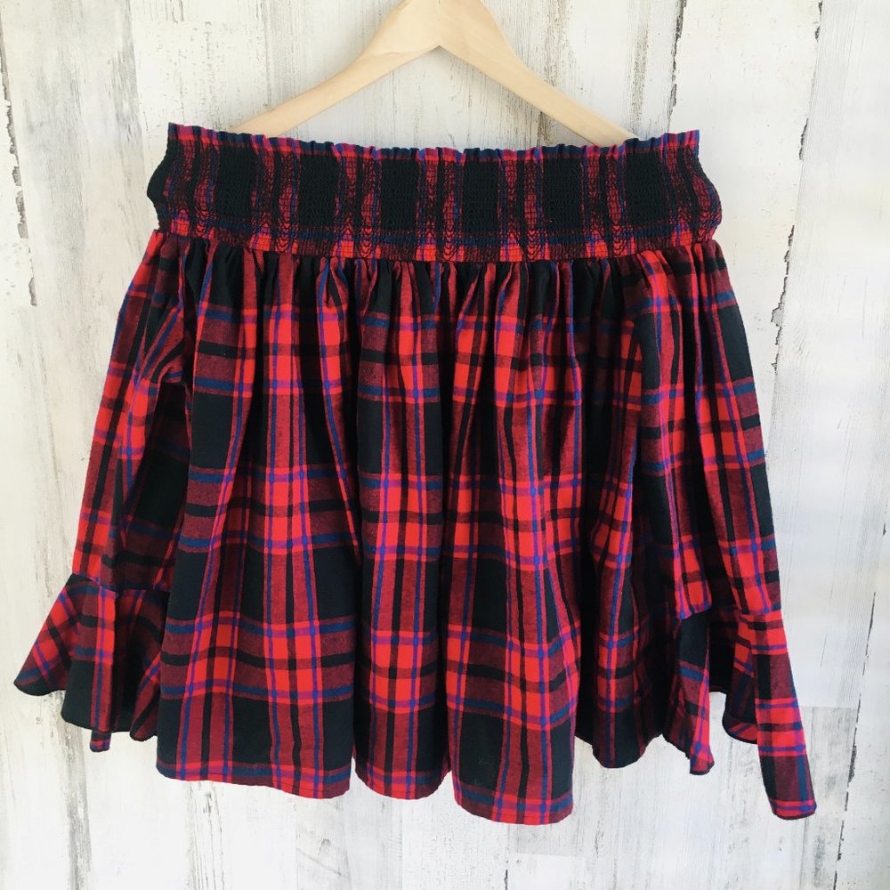 maje PARIS Lafox Off Shoulder Cotton Flannel Plaid Smocked Top Red